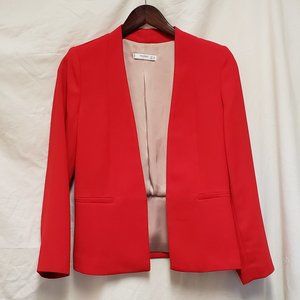 Size XXS, Mango Suit red blazer, collarless open front, long sleeve.